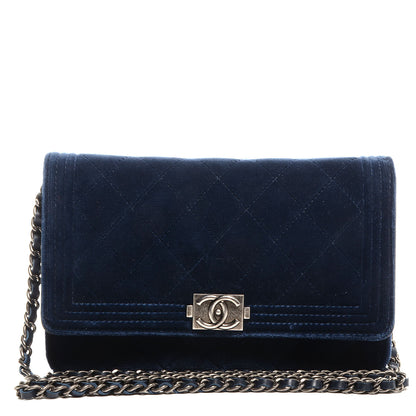 Chanel Velvet Quilted Boy Wallet On Chain WOC Navy 1 of 8