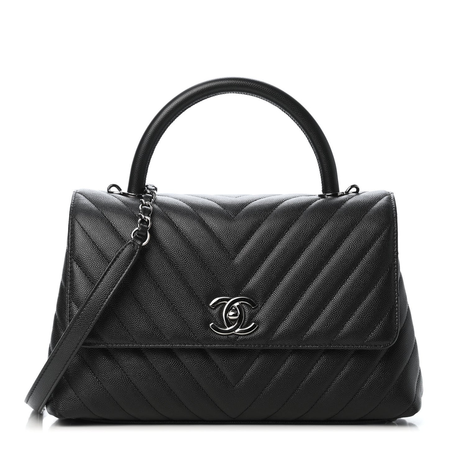 Caviar Chevron Quilted Small Coco Handle Flap Black