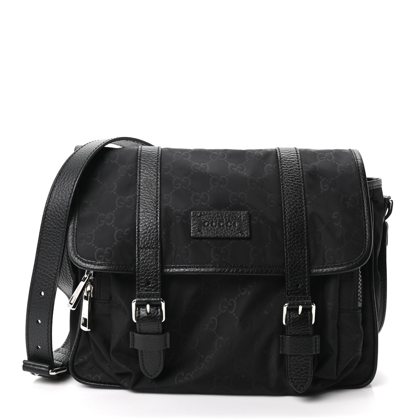 Nylon Monogram Double Buckle Flap Messenger Bag Black