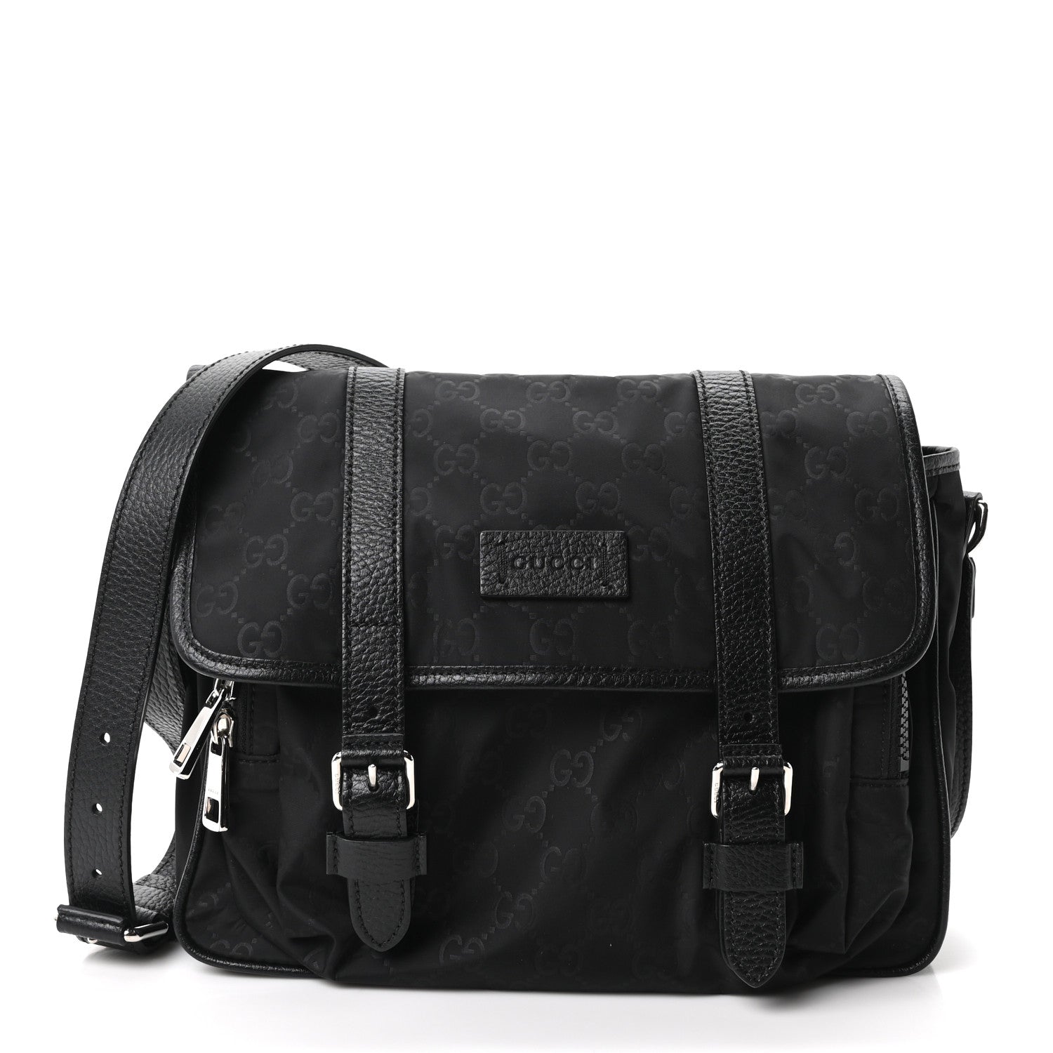 Gucci Nylon Monogram Double Buckle Flap Messenger Bag Black 1 of 10