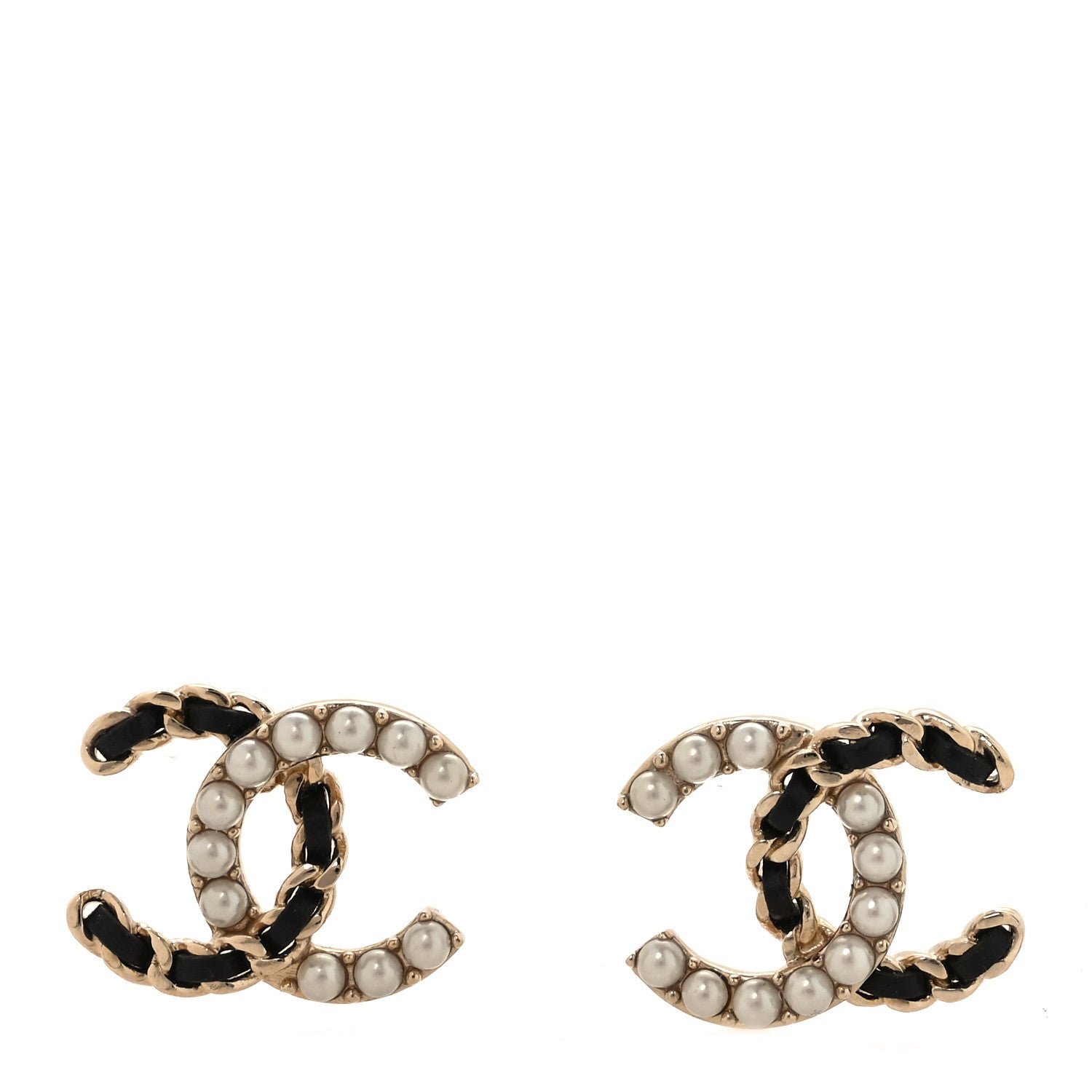 Chanel Pearl Lambskin Chain CC Stud Earrings Gold Black 1 of 5