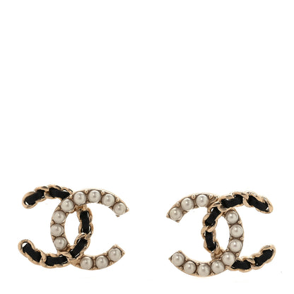 Chanel Pearl Lambskin Chain CC Stud Earrings Gold Black 1 of 5