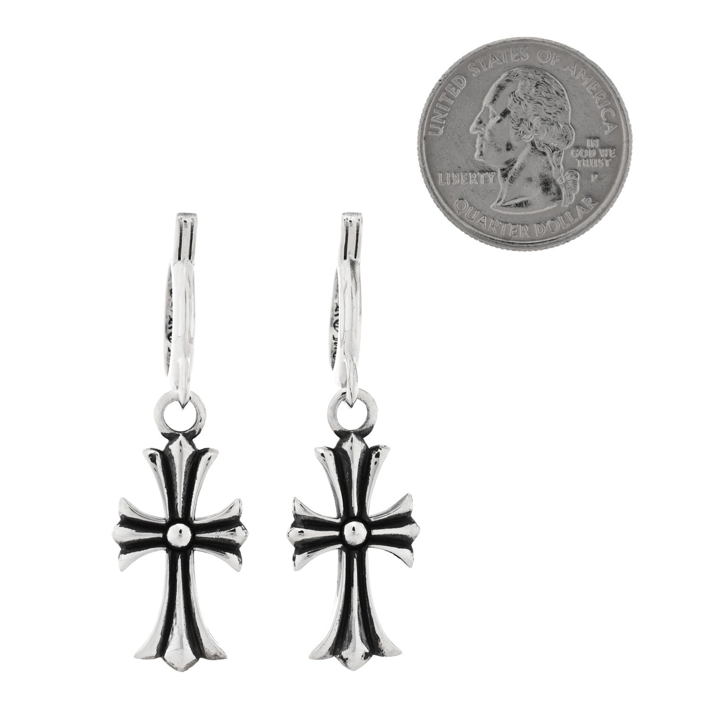 Sterling Silver Tiny CH Cross Hoop Drop Earrings