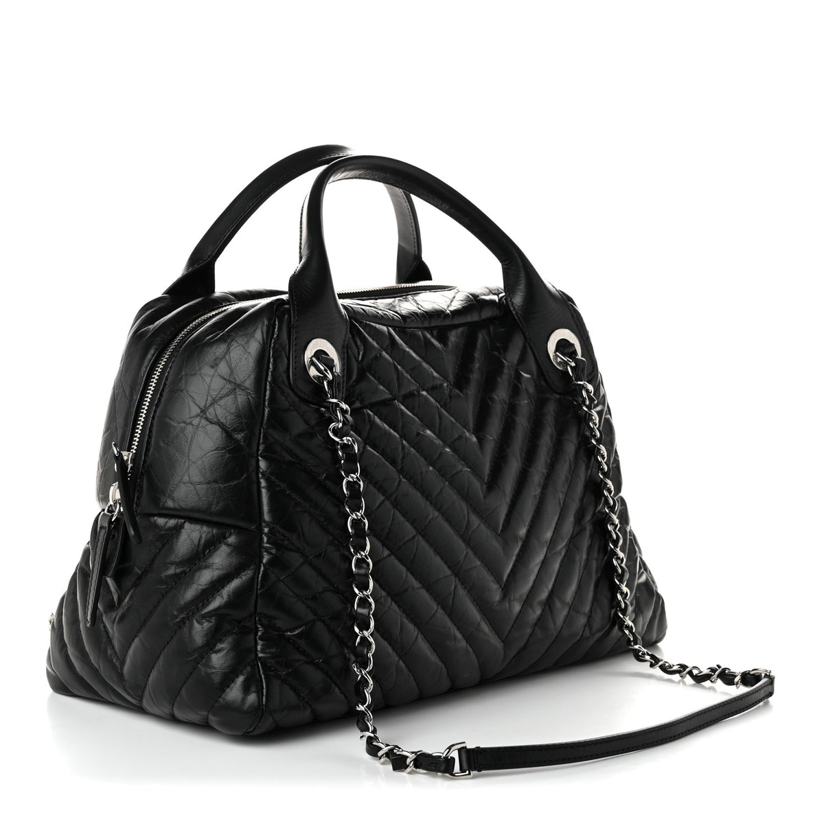 Aged Calfskin Chevron Medium Soft Bowling Bag Black
