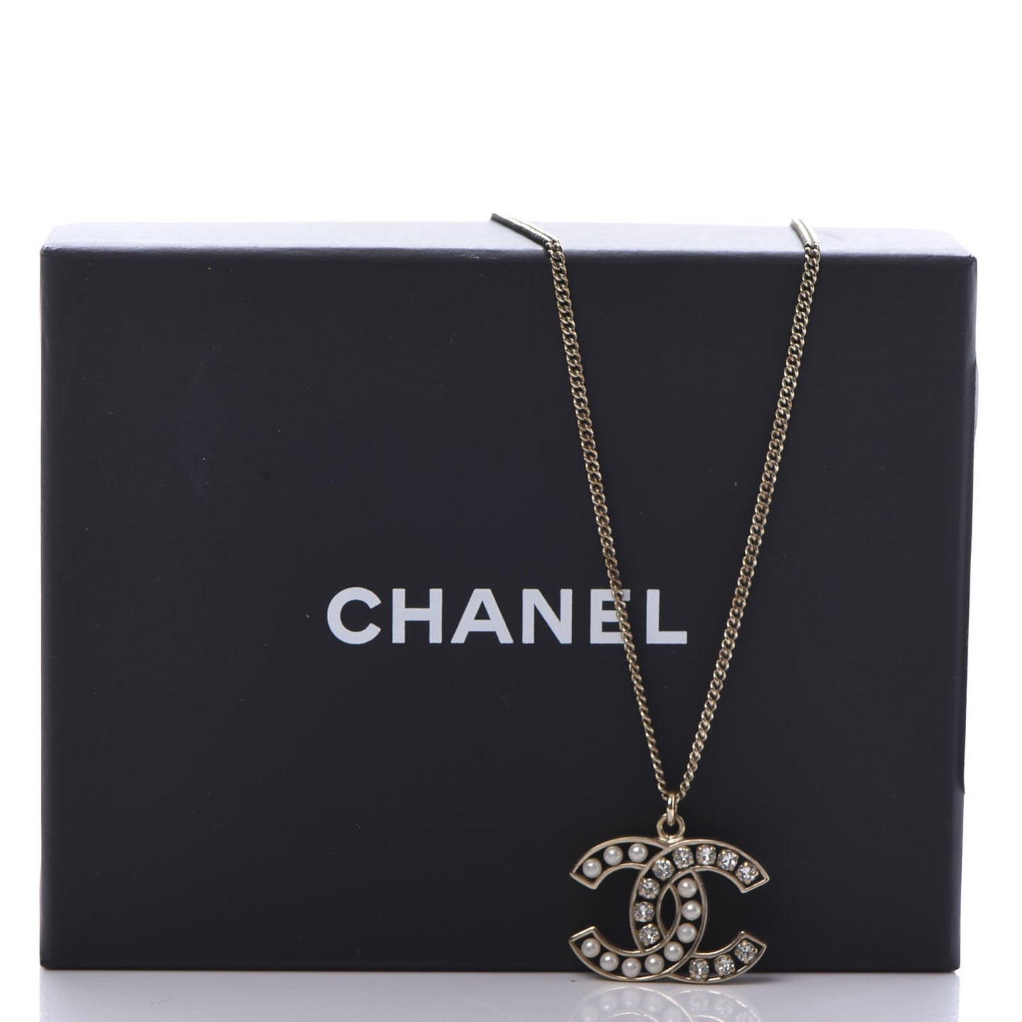 Pearl Crystal CC Pendant Necklace Gold