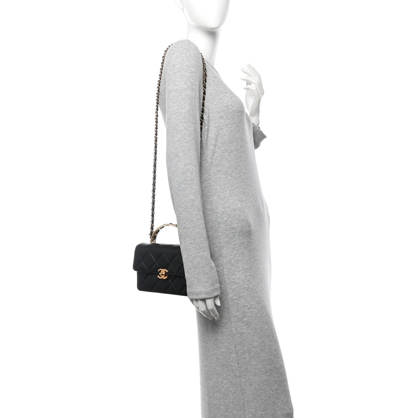 Shiny Calfskin Quilted Mini Metal Top Handle Flap Black