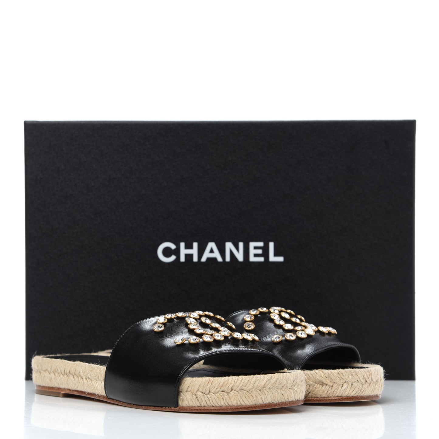 Patent Calfskin Crystal CC Espadrille Slip On Sandals 36 Black