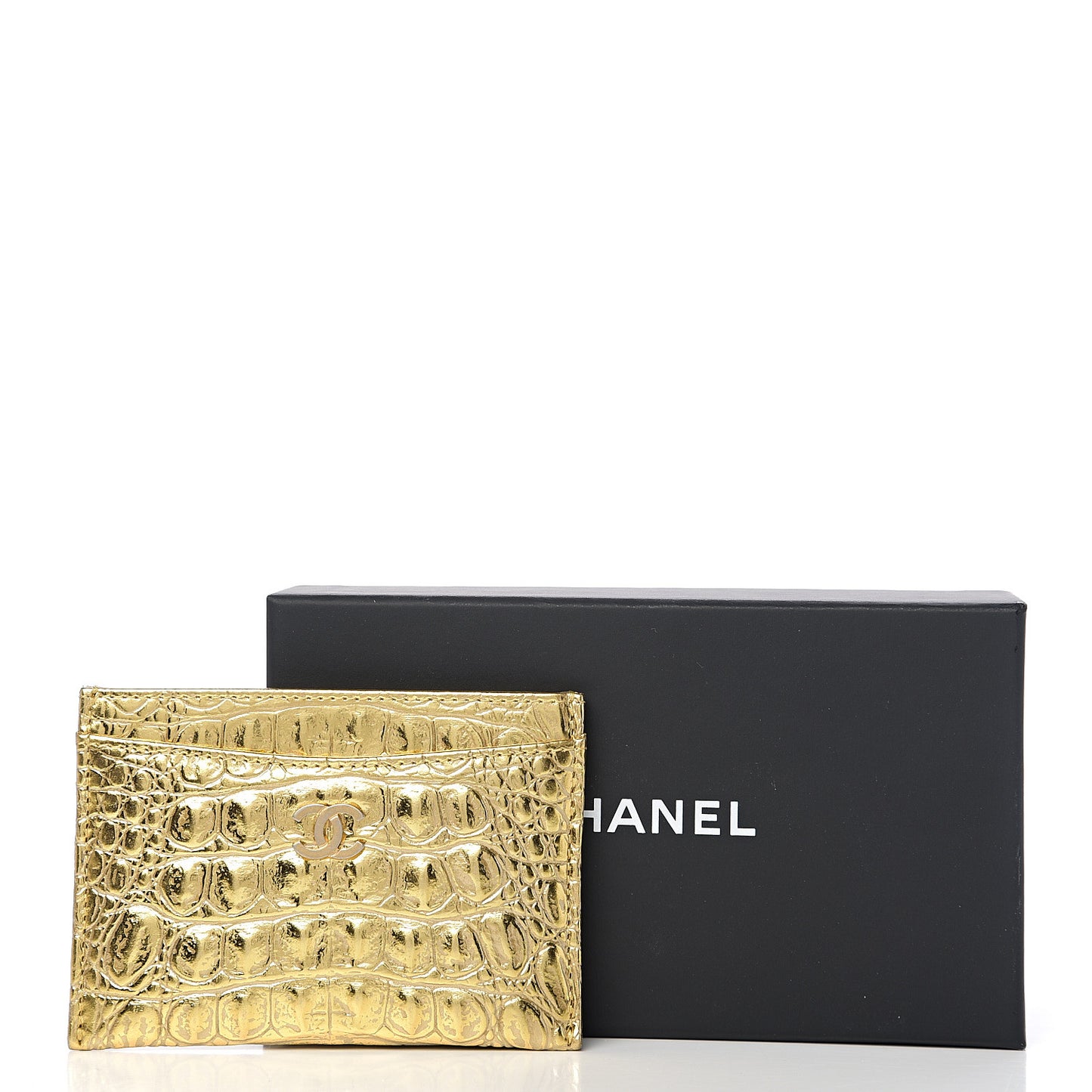 Metallic Calfskin Crocodile Embossed Cocodile Card Holder Gold