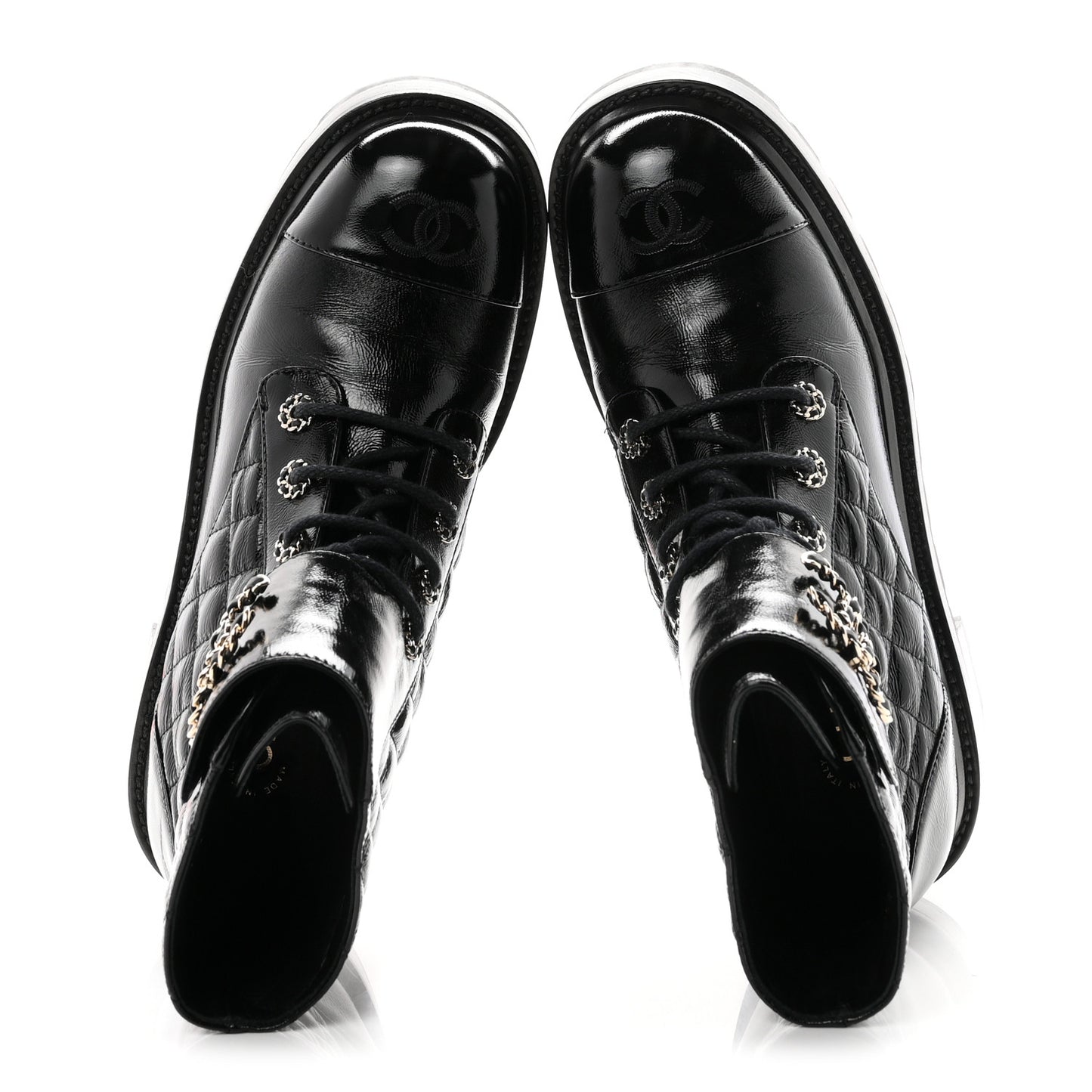 Shiny Calfskin Quilted Lace Up Combat Boots 40.5 Black