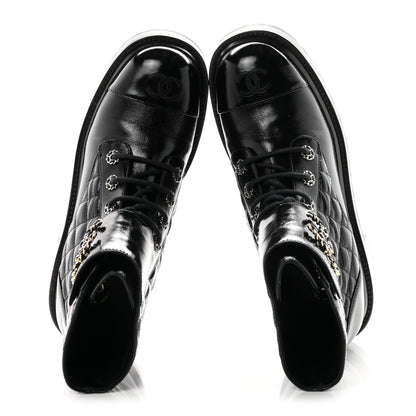 Chanel Shiny Calfskin Quilted Lace Up Combat Boots 40.5 Black 2 of 11
