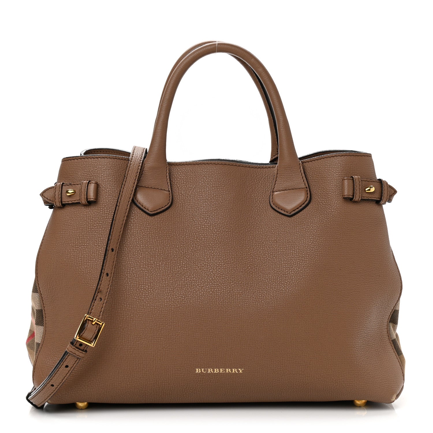 Burberry Grainy Calfskin House Check Medium Banner Tote Dark Sand 1 of 19
