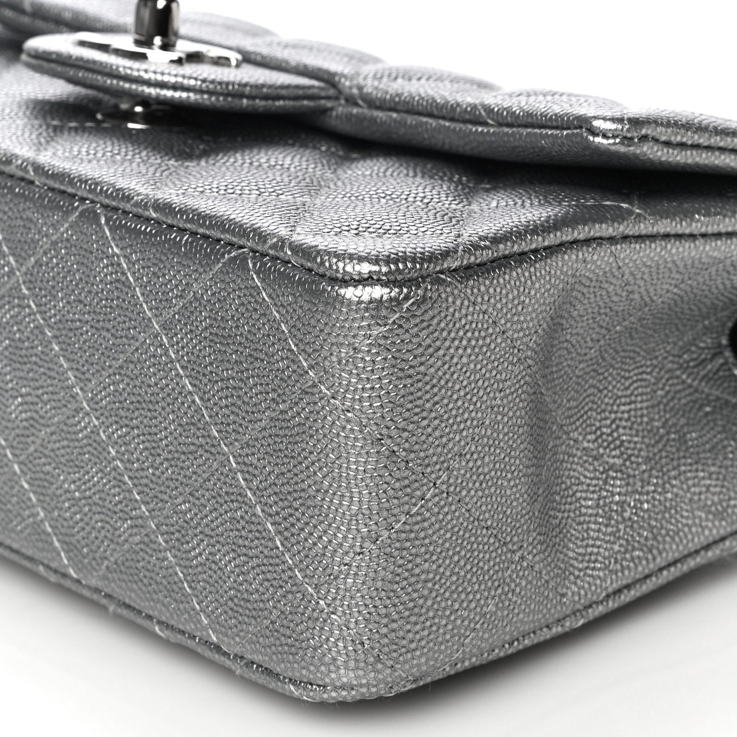 Metallic Caviar Quilted Mini Top Handle Rectangular Flap Silver