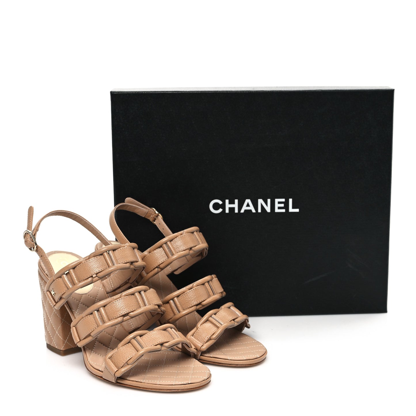 Caviar Quilted Chain Mule Sandals 38 Beige