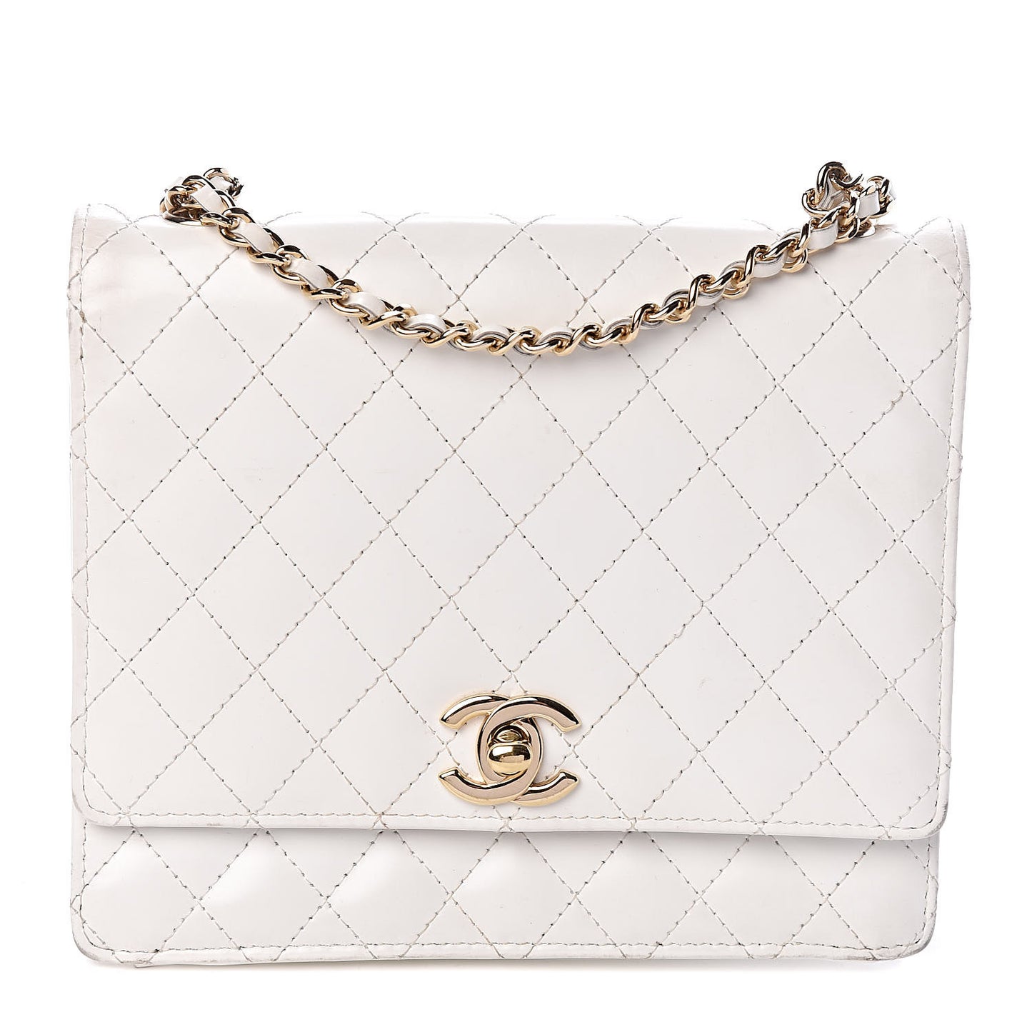 Glazed Calfskin Stitched Mini Square Flap White