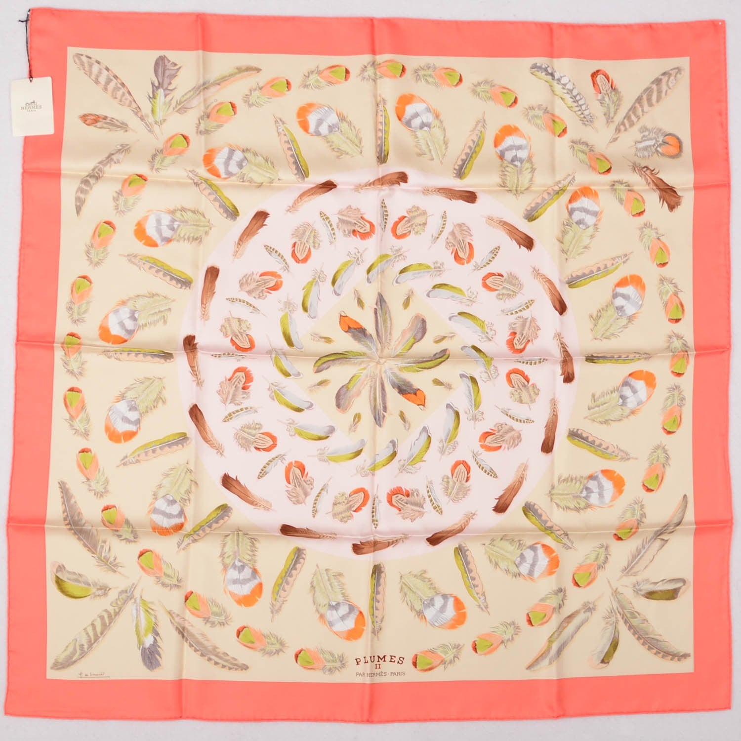 Hermes Silk Plumes II Scarf 90 Corail Beige Rose Pale 2 of 5