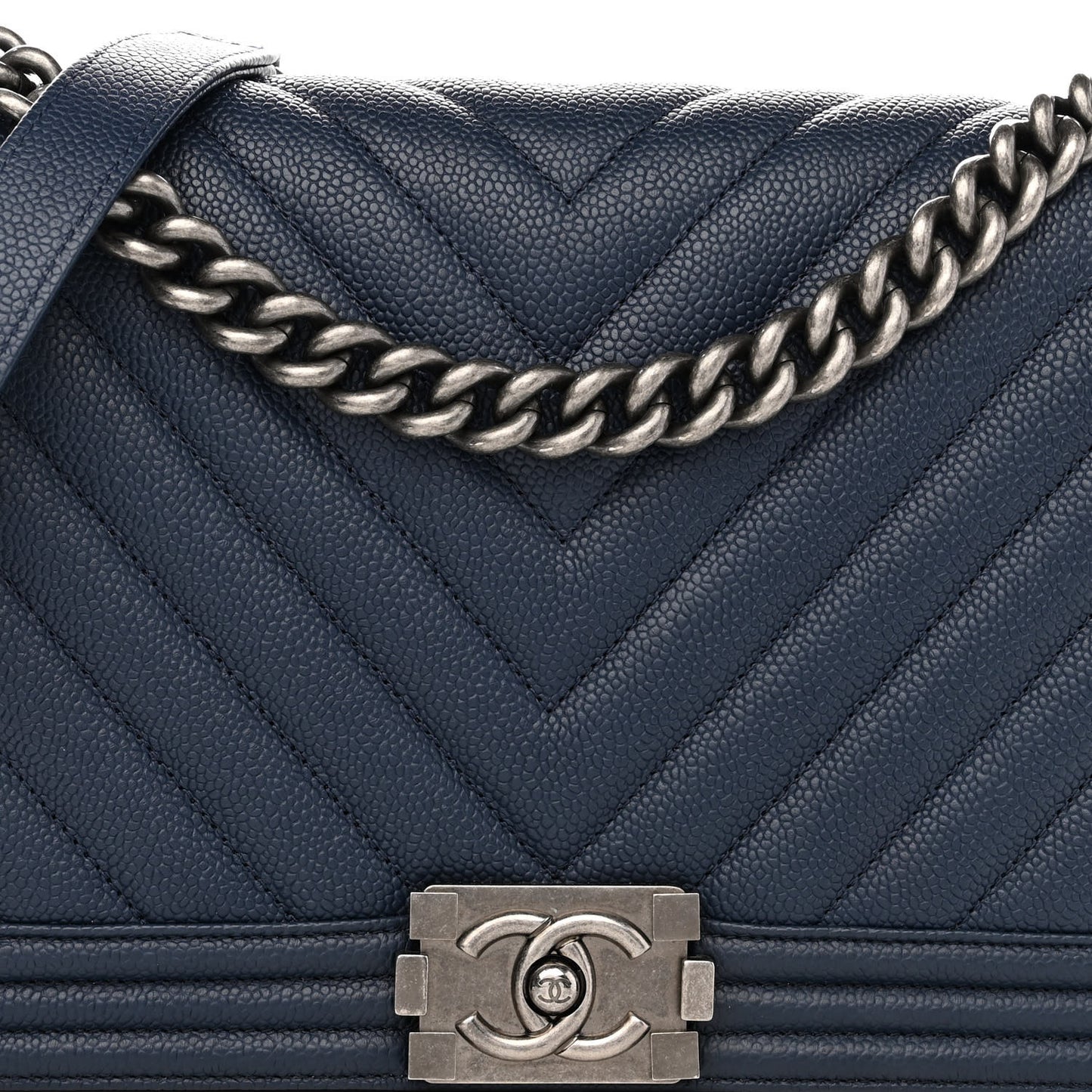 Caviar Chevron Quilted New Medium Boy Flap Dark Navy Blue