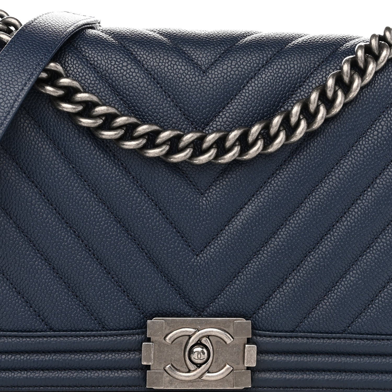 Chanel Caviar Chevron Quilted New Medium Boy Flap Dark Navy Blue 8 of 10