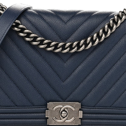 Chanel Caviar Chevron Quilted New Medium Boy Flap Dark Navy Blue 8 of 10