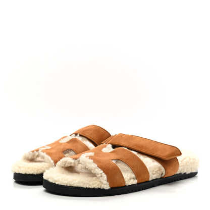Hermes Suede Goatskin Woolskin Womens Chypre Sandals 39.5 Brun Fume Ecru 3 of 8
