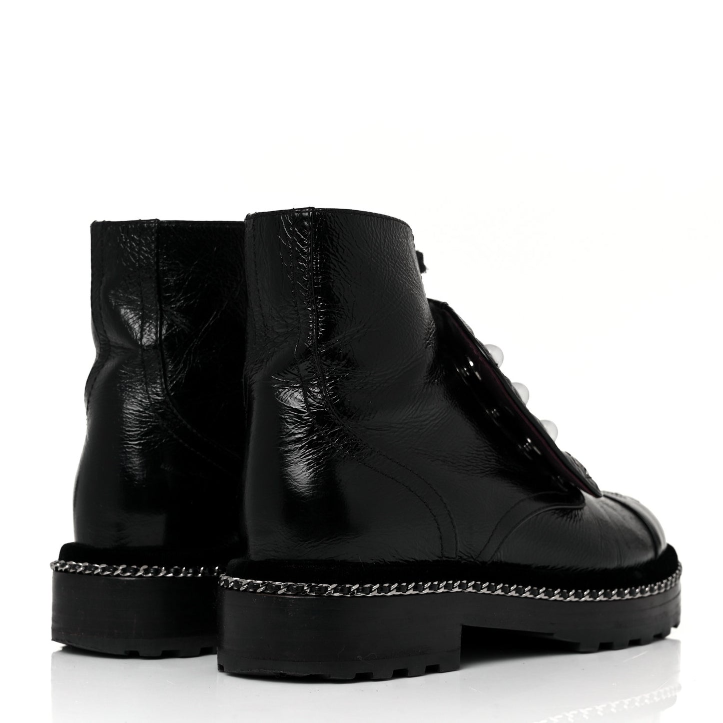 Crackled Calfskin Velvet Pearl Combat Short Boots 36 Black