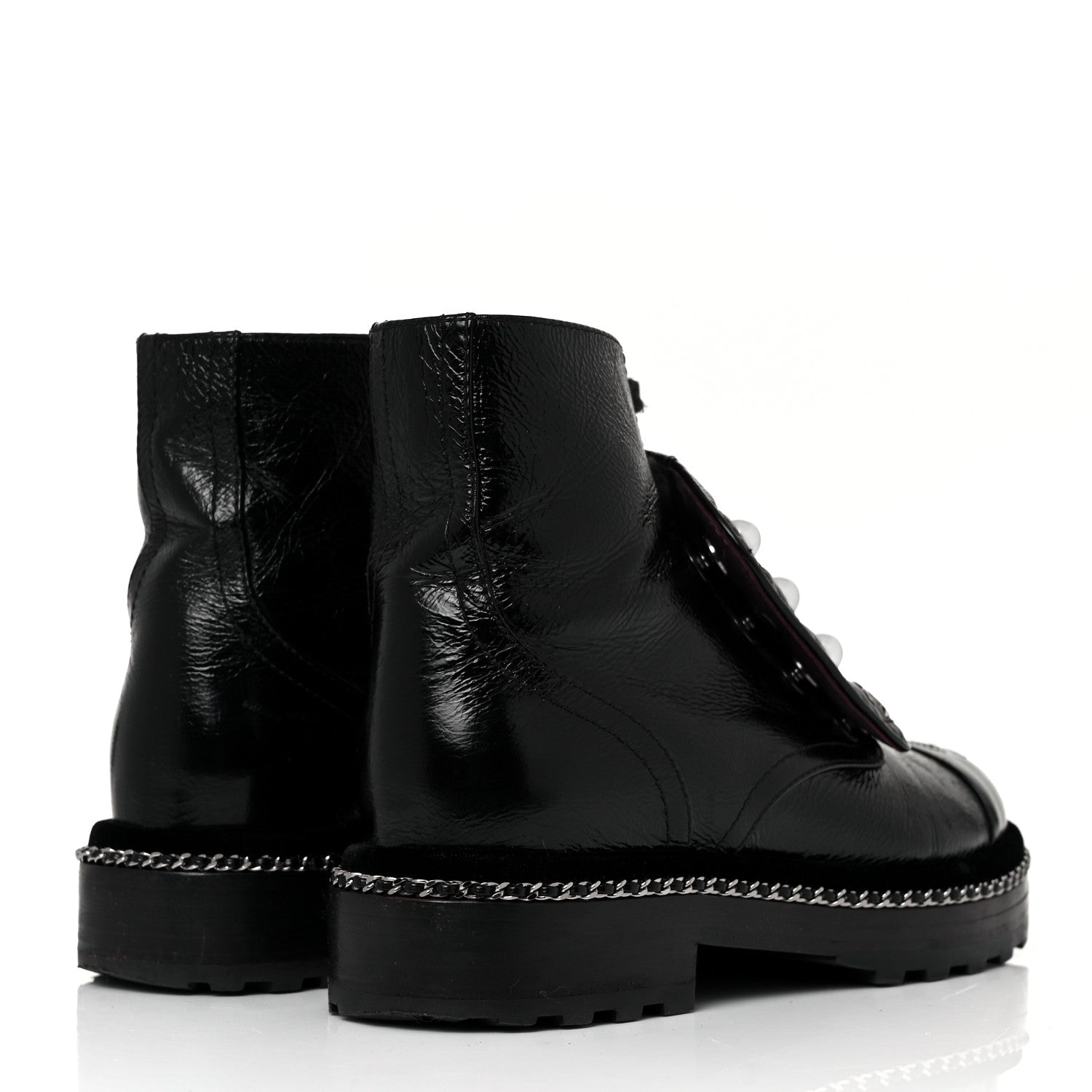 Chanel Crackled Calfskin Velvet Pearl Combat Short Boots 36 Black 4 of 6