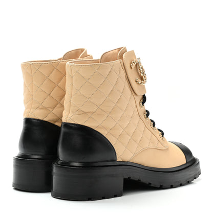 Chanel Lambskin Calfskin Quilted Lace Up Combat Boots 39 Beige Black 4 of 10