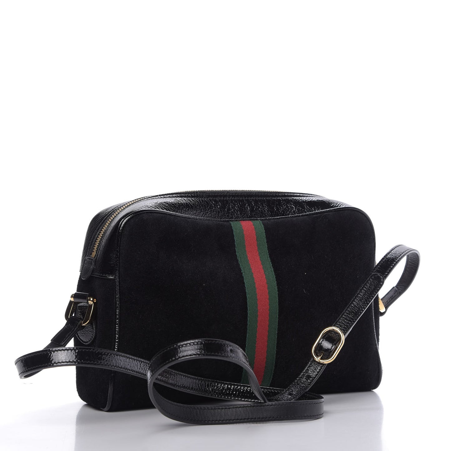 Suede Patent Web Small Ophidia Shoulder Bag Black