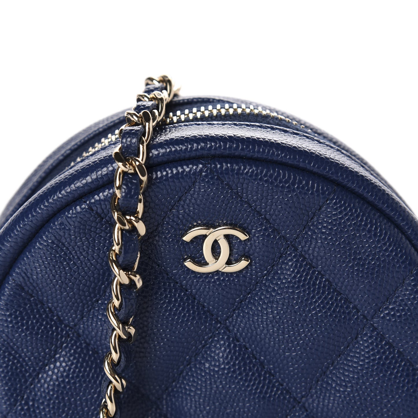 Caviar Quilted Round Clutch With Chain Navy