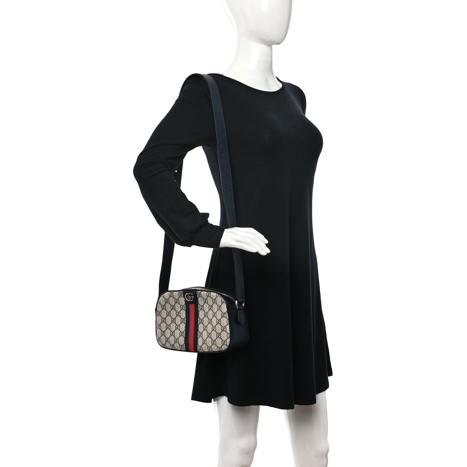 Gucci GG Supreme Monogram Textured Dollar Calfskin Web Small Ophidia Camera Bag Beige Blue 3 of 8