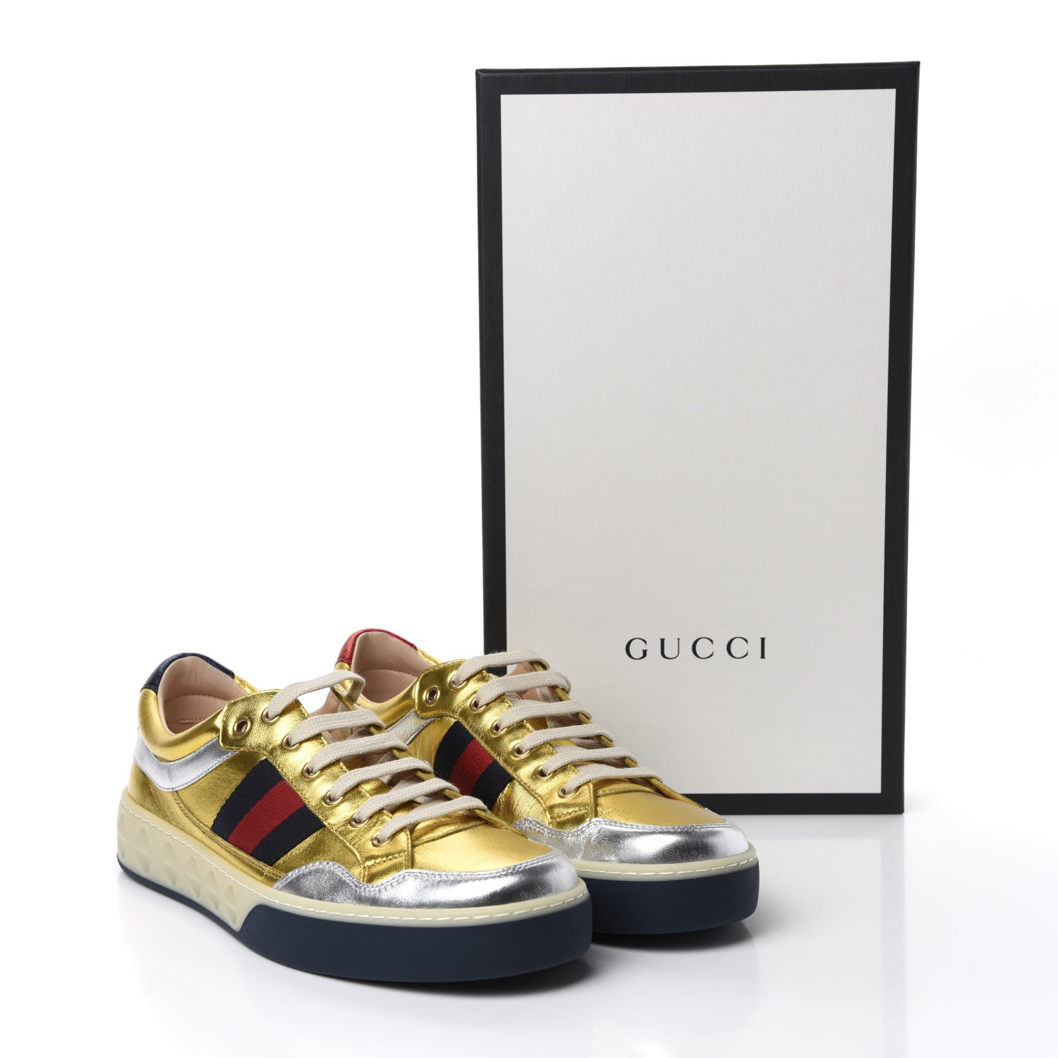 Gucci Metallic Nappa Web Mens Low Top Sneakers 9.5 Argento Oro Vecchio 11 of 11