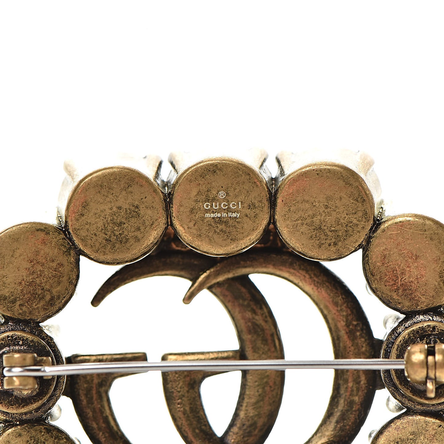 Metal Crystal Double G Brooch Aged Gold