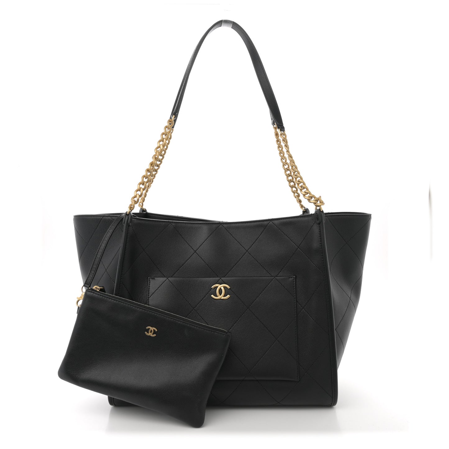 Caviar Stitched Pocket CC Large Tote White Black