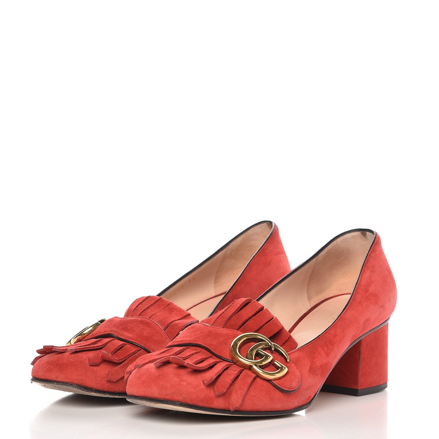 Gucci Kid Scamosciato GG Marmont Fringe 50mm Loafer Pumps 38 Vulcanic Red 3 of 12