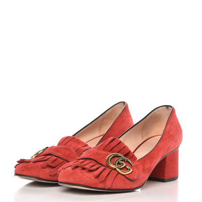 Gucci Kid Scamosciato GG Marmont Fringe 50mm Loafer Pumps 38 Vulcanic Red 3 of 12