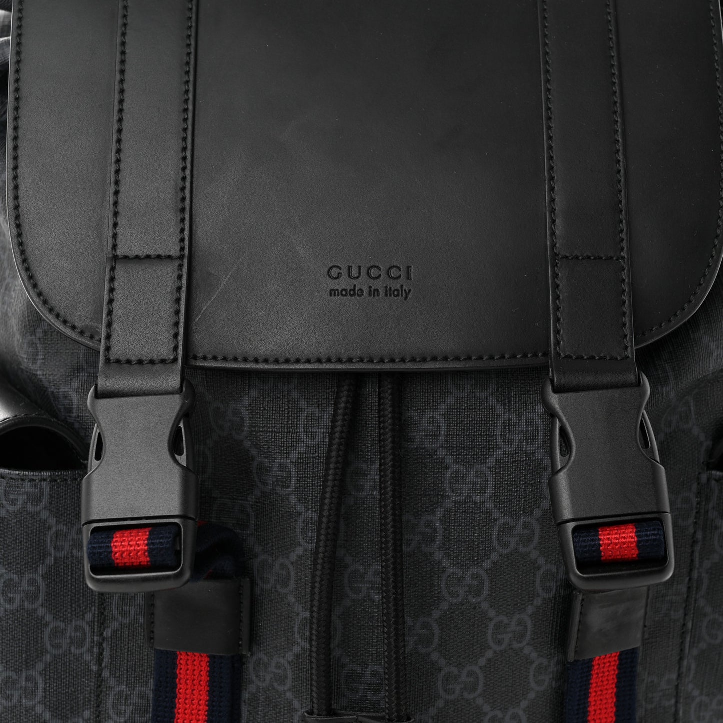 Soft GG Supreme Monogram Appia Calfskin Web Double Buckle Backpack Black