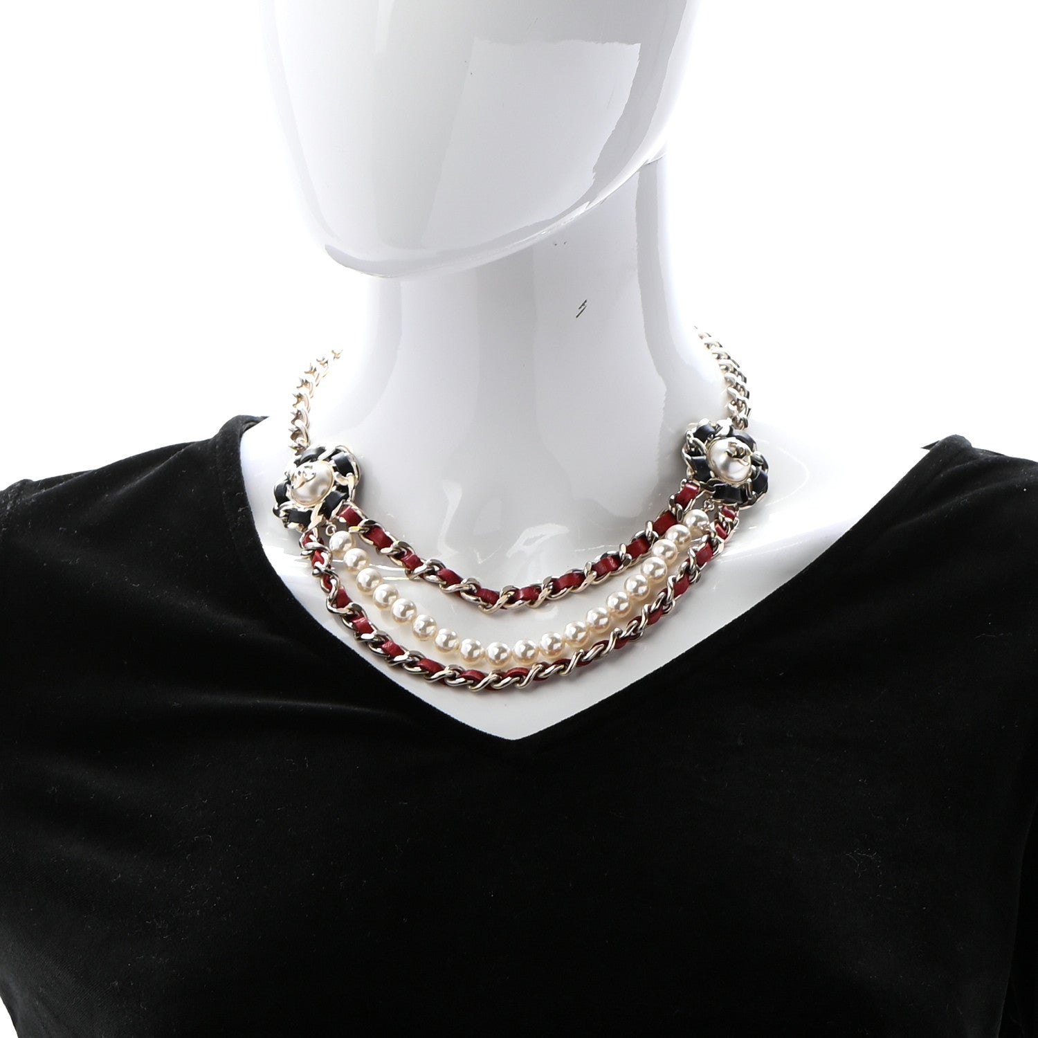 Chanel Pearl Lambskin Chain CC Multi Strand Necklace Gold Black Red 2 of 6