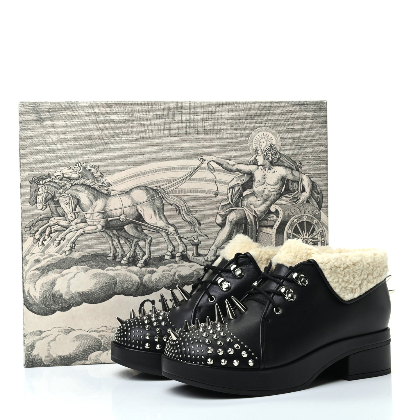 Calfskin Faux Shearling Studded Victor Ankle Boots 38.5 Black Mystic White