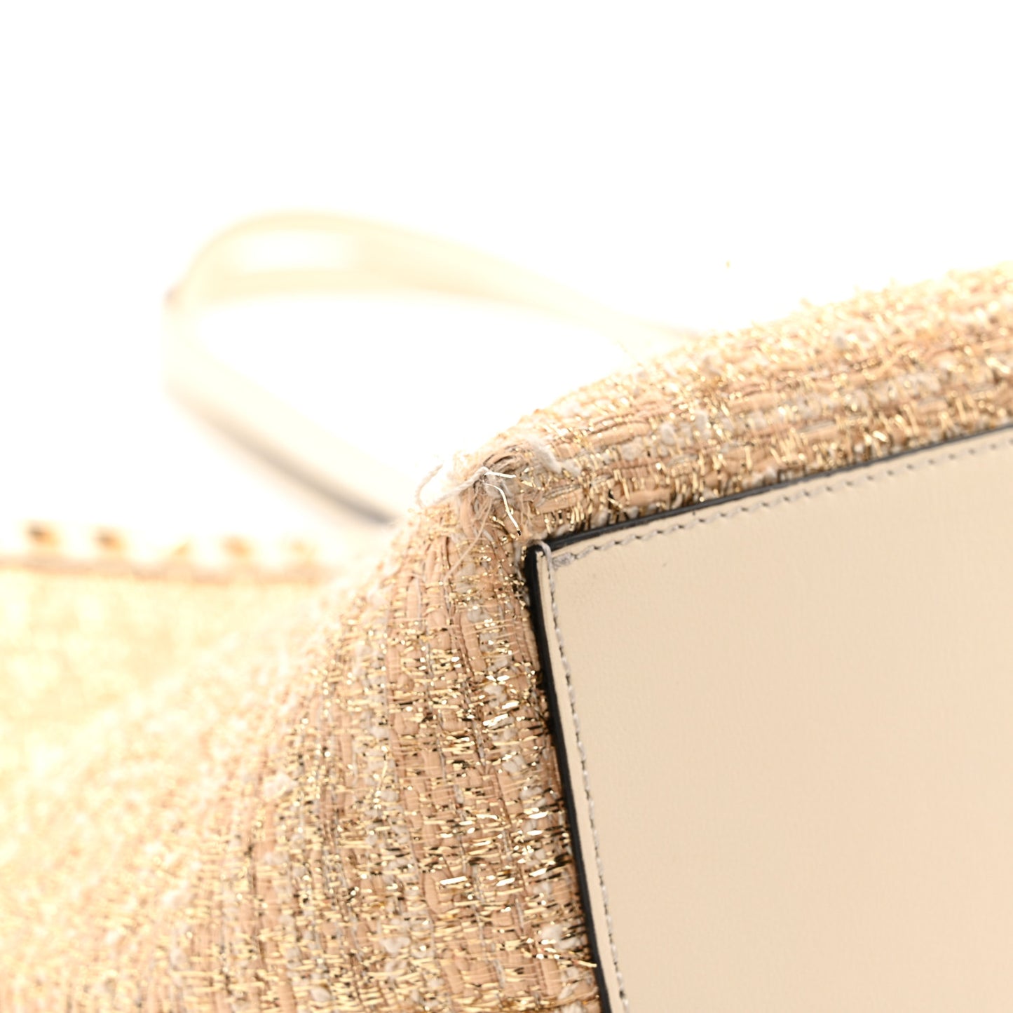 Metallic Boucle Raffia Calfskin Rockstud Shoulder Tote White Gold Ivory