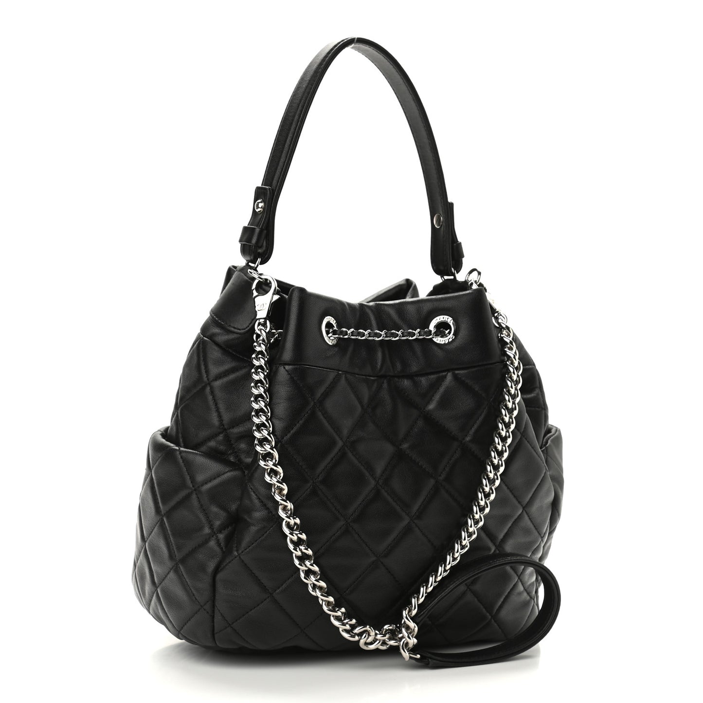 Lambskin Quilted CC Chain Bucket Drawstring Bag Black