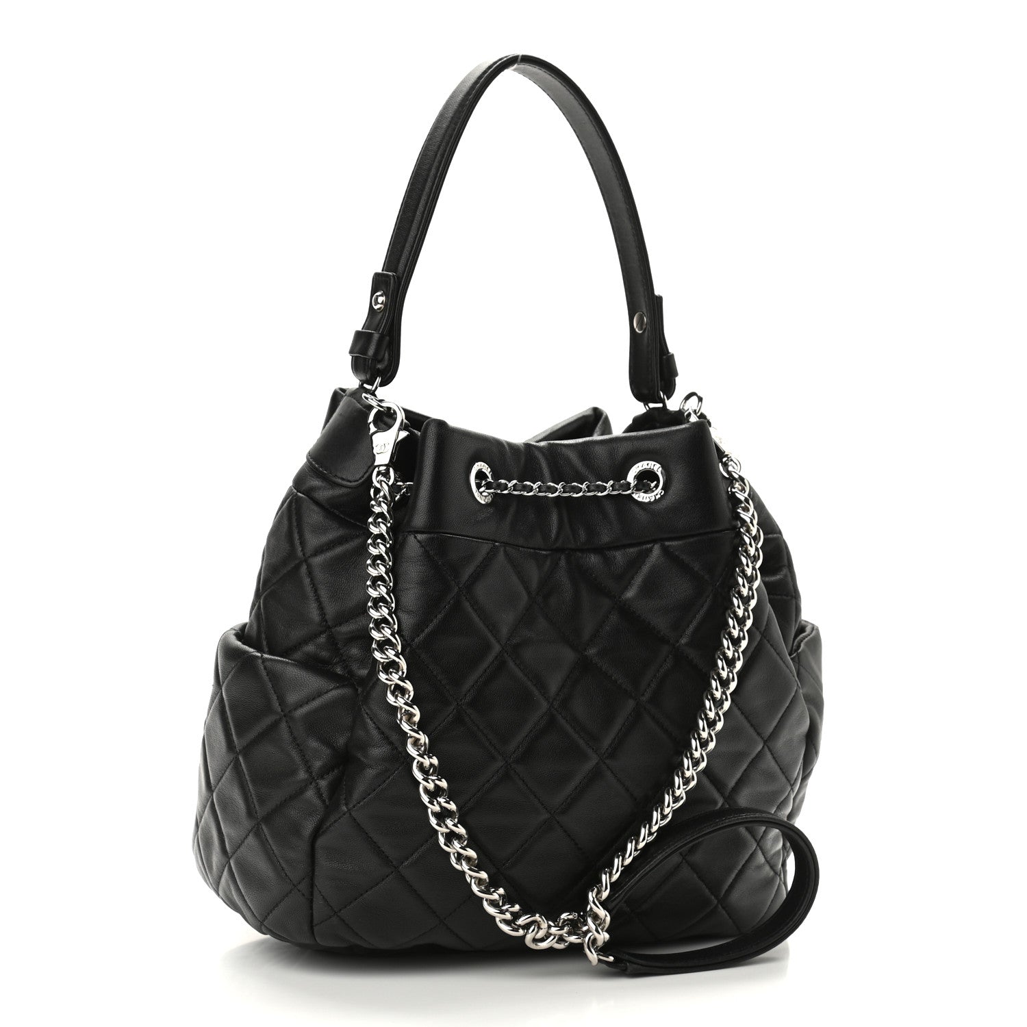 Chanel Caviar Flat Quilted CC Chain Bucket Drawstring Bag Black 3 of 11