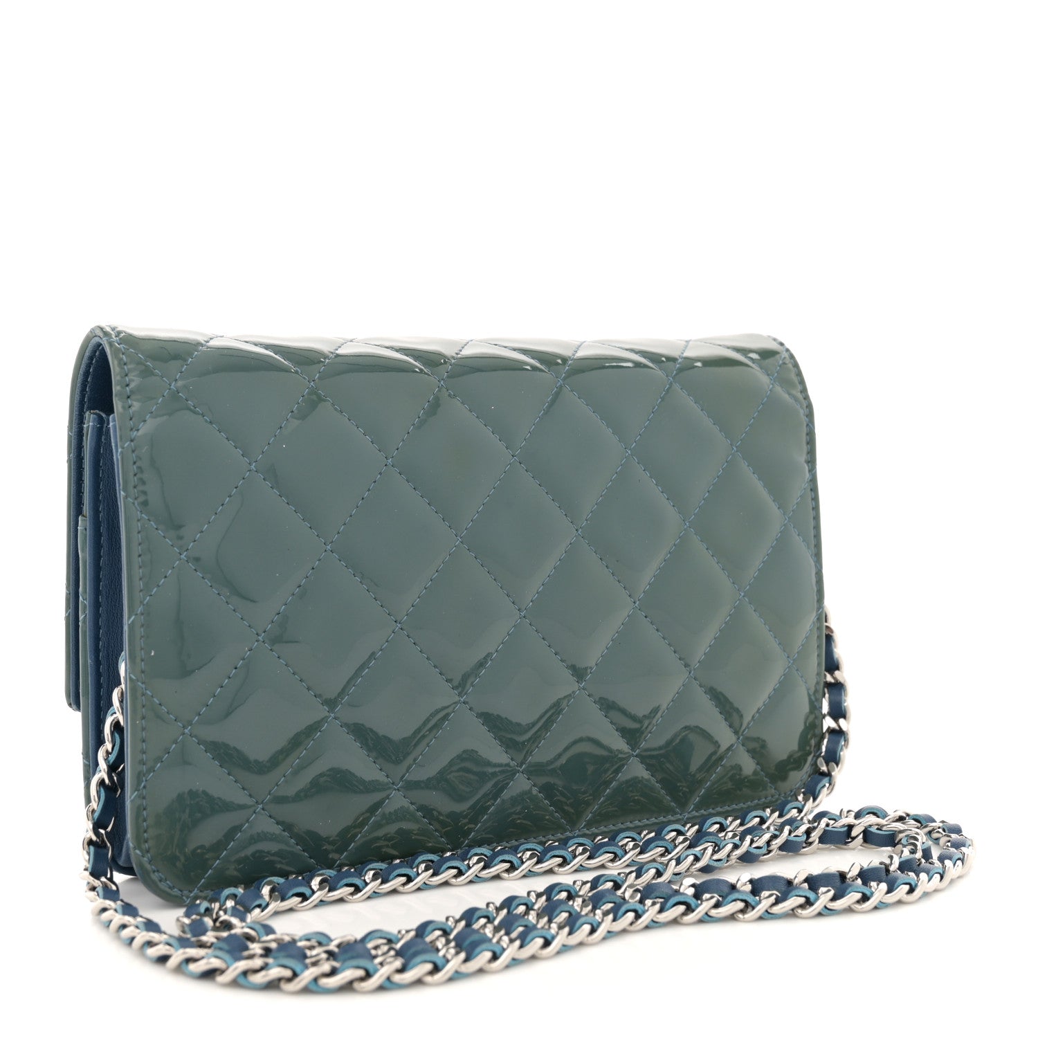Chanel Patent Quilted Brilliant Wallet On Chain WOC Blue 2 of 13