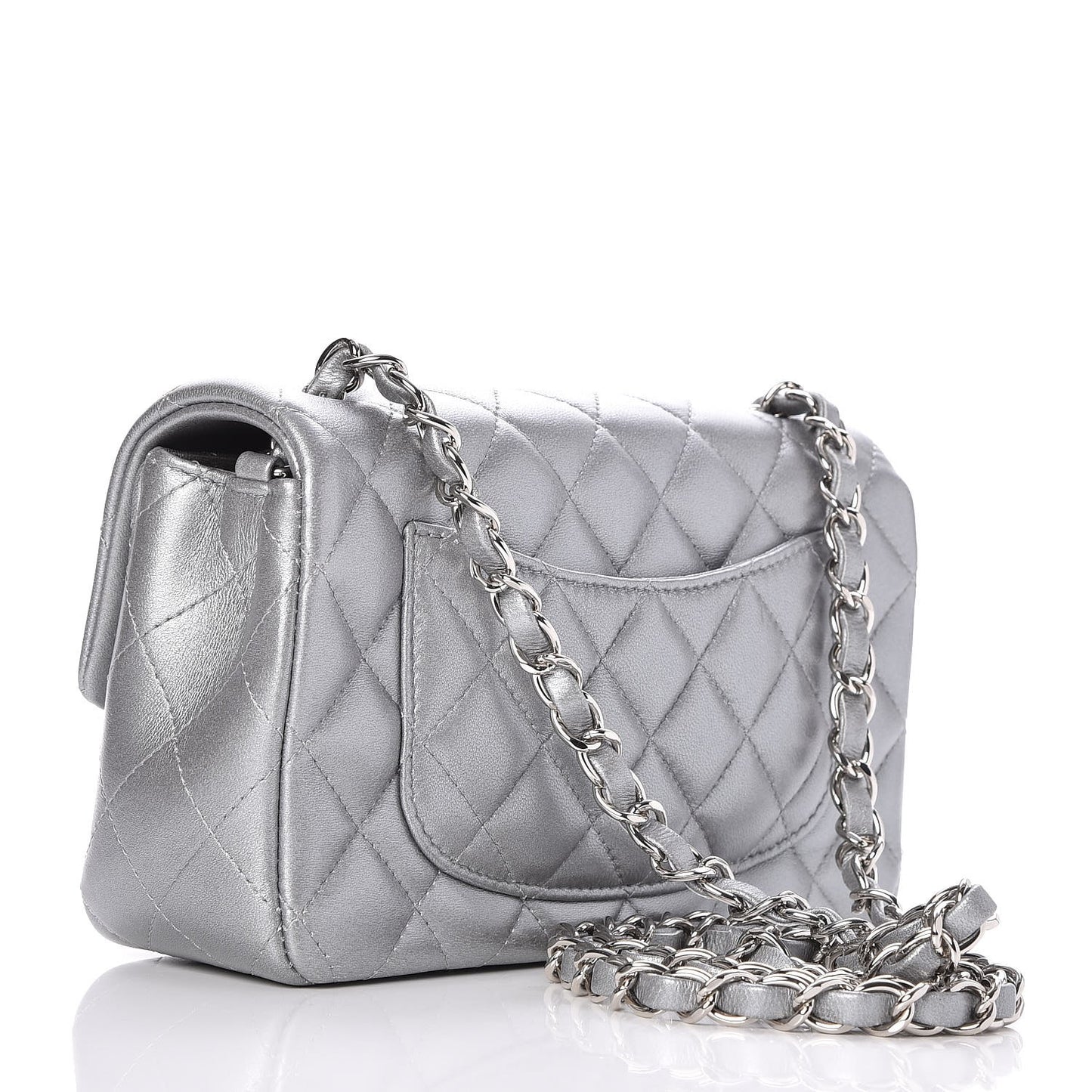 Metallic Lambskin Quilted Mini Rectangular Flap Silver