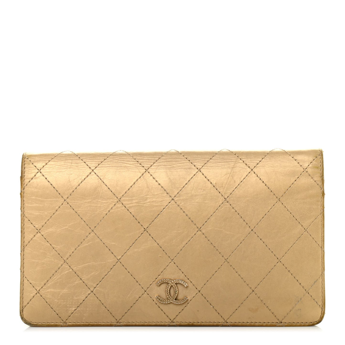 Metallic Calfskin Diamond Stitched Yen Wallet Gold