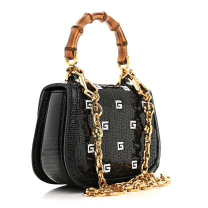 Gucci Sequin Lizard Embossed GG Mini Bamboo 1947 Top Handle Chain Bag Black White 3 of 11
