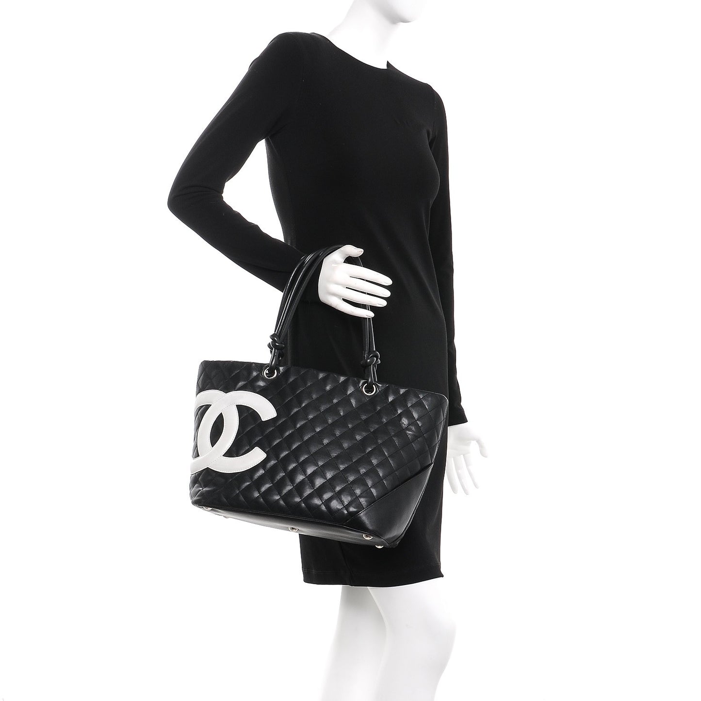 Calfskin Quilted Large Cambon Tote Black White
