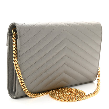 Saint Laurent Grain De Poudre Matelasse Chevron Monogram Chain Wallet Fog 3 of 12