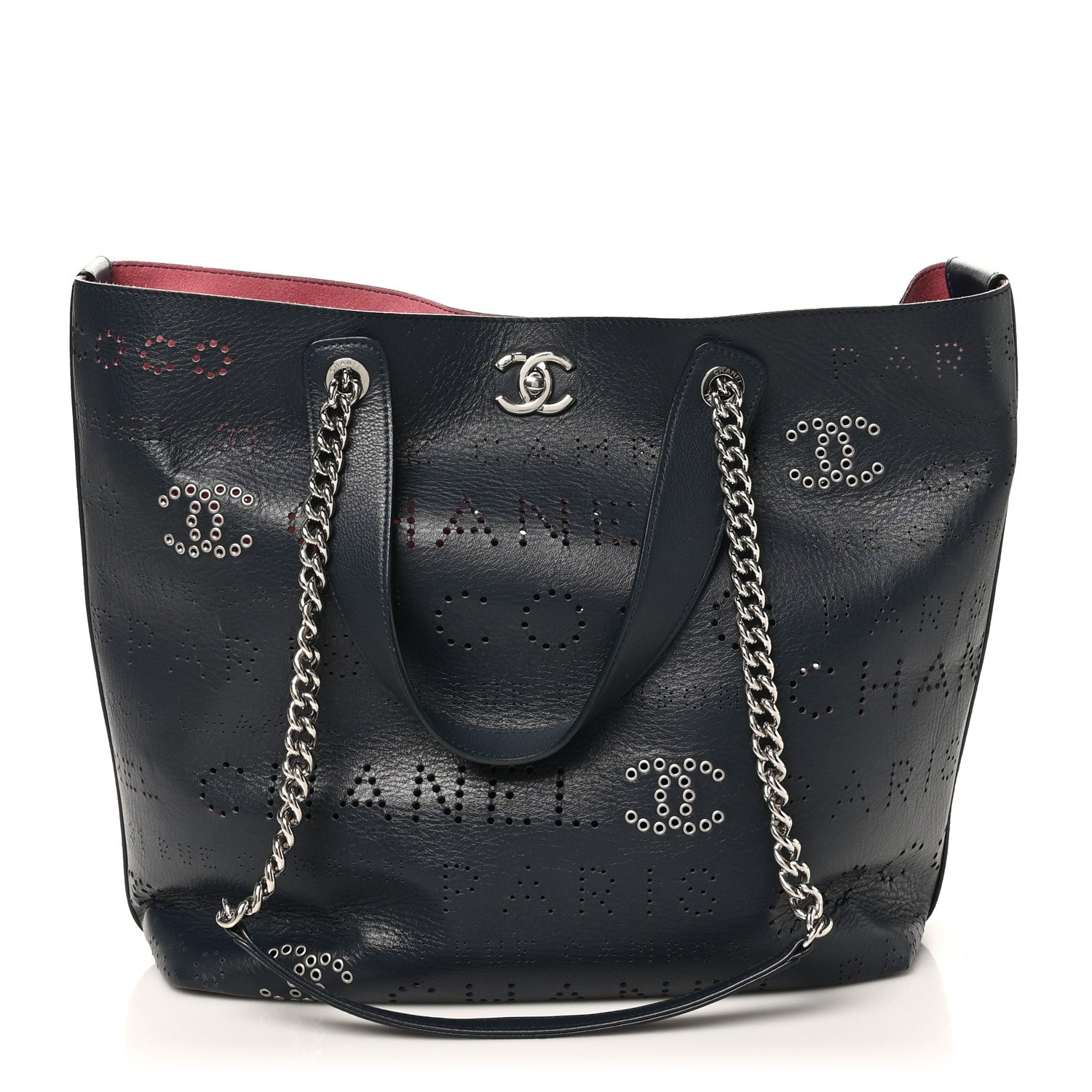 Chanel Calfskin Tweed Small Logo Eyelets Shopping Tote Navy Blue 1 of 15