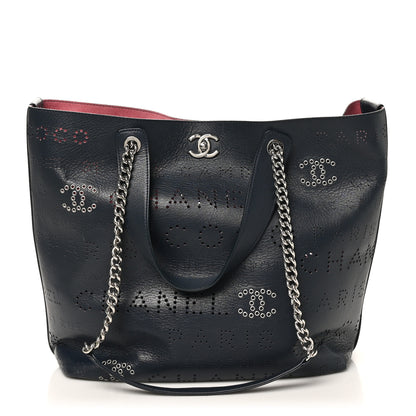 Chanel Calfskin Tweed Small Logo Eyelets Shopping Tote Navy Blue 1 of 15