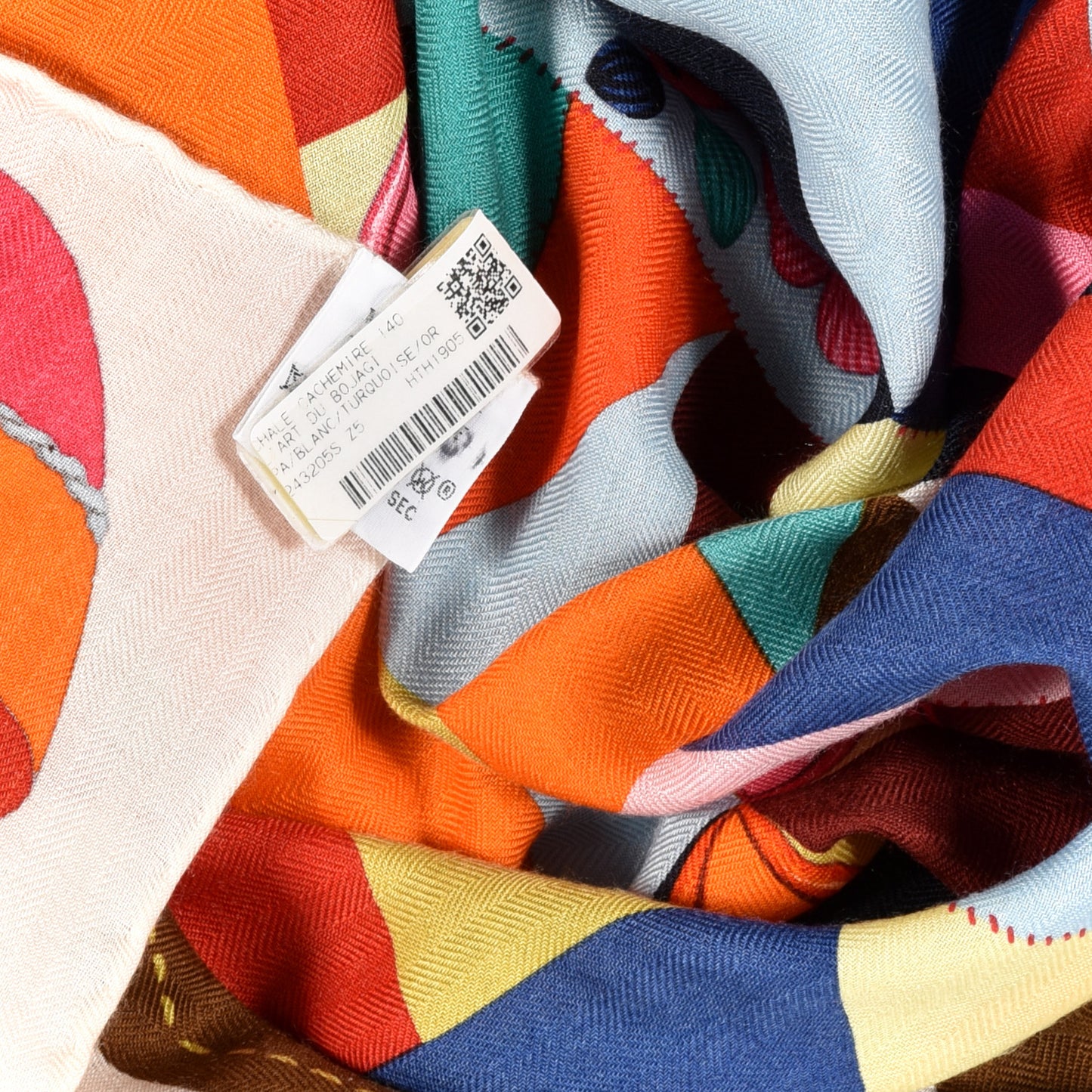 Cashmere Silk L'Art du Bojagi Shawl 140 Blanc Turquoise Orange
