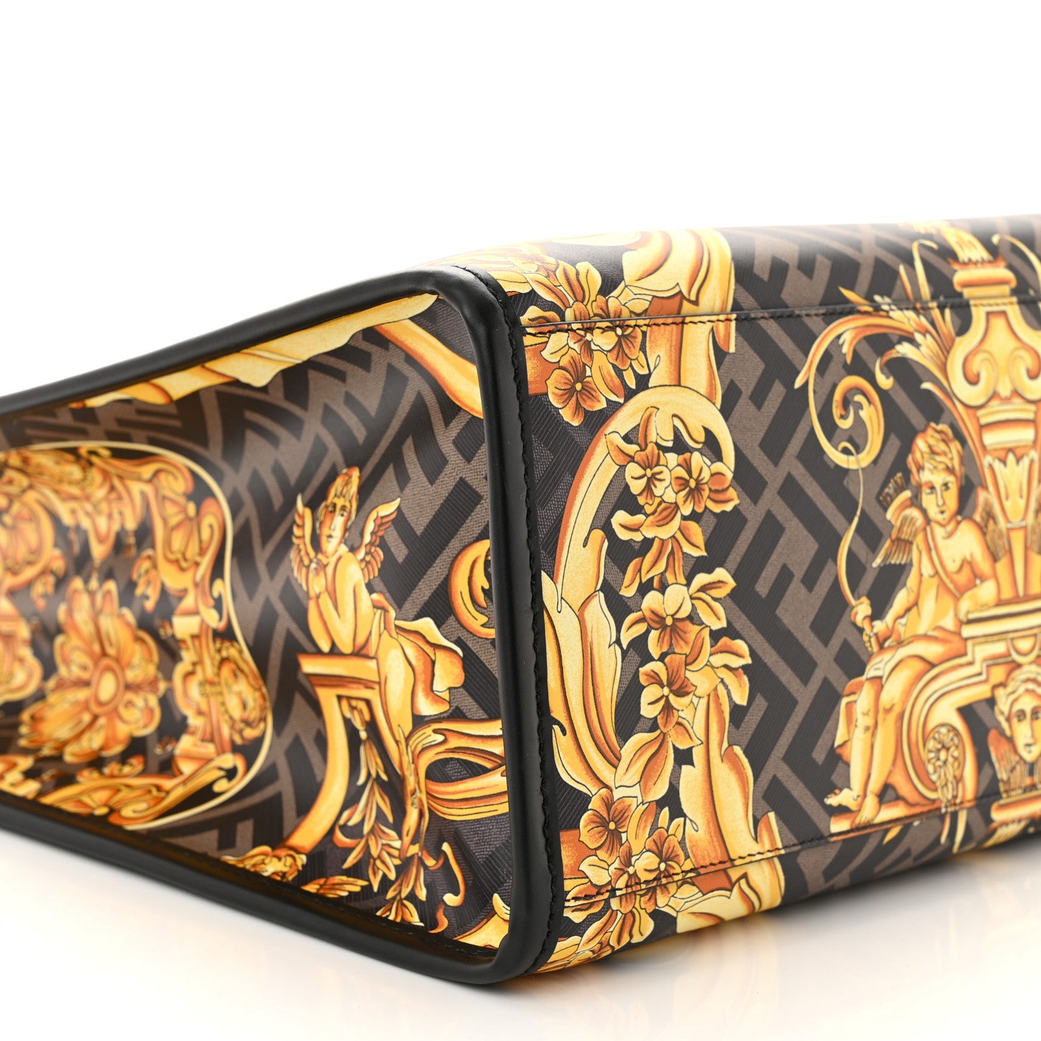 Fendi X VERSACE Calfskin Plexiglass Fendace FF Baroque Print Medium Fendi Sunshine Shopper Tote Black Gold 9 of 10
